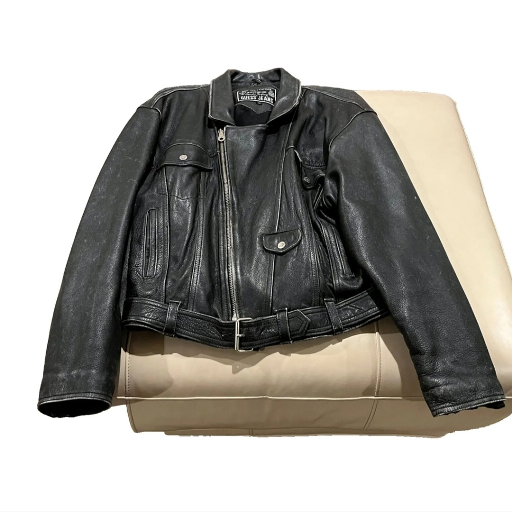 Vintage Men's L Guess Jeans Georges Marciano Leather Black Motorcyle Jacket